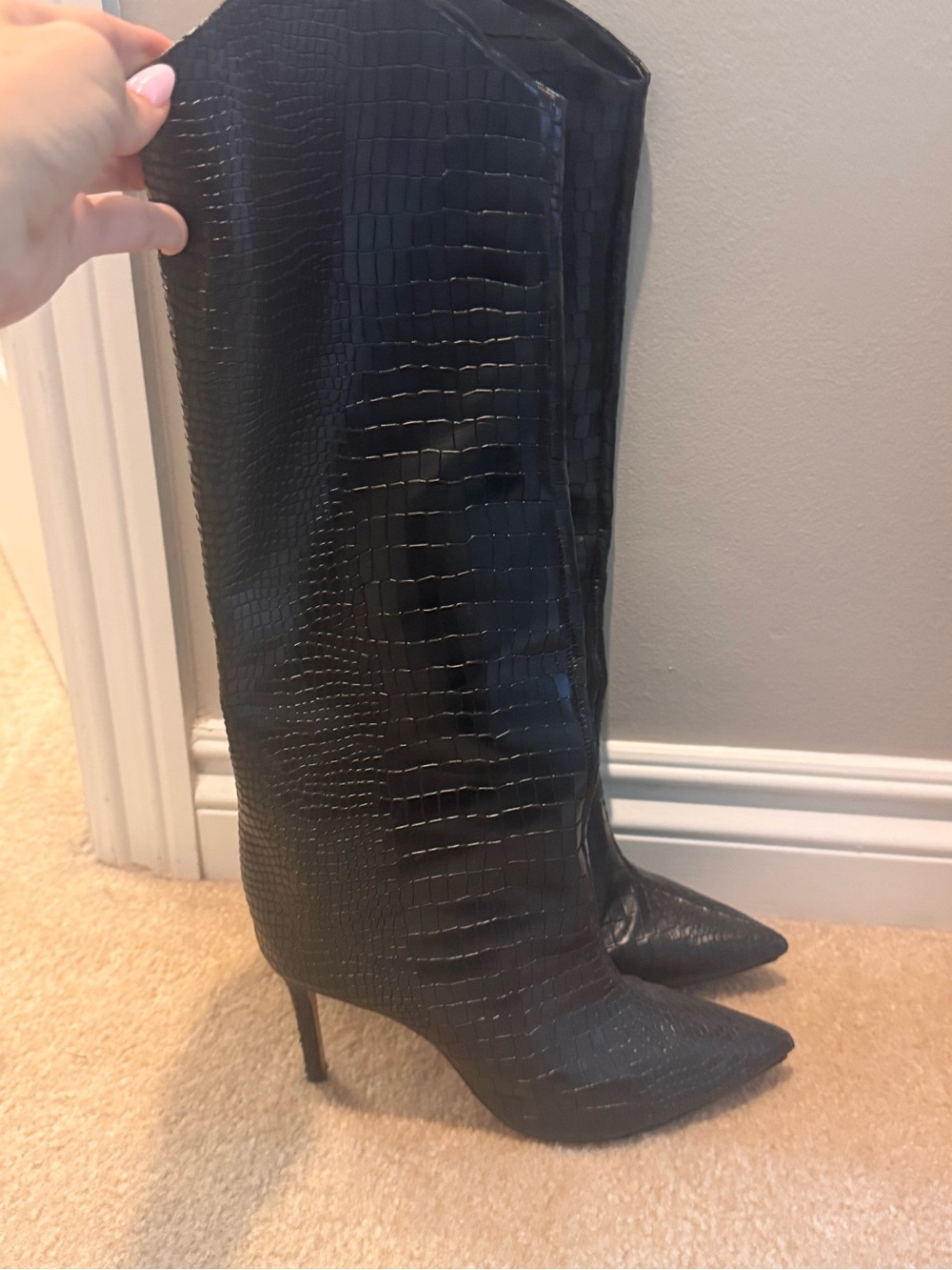 SCHUTZ Black Croc-Embossed Pointed Toe Over-the-Knee Stiletto Boots